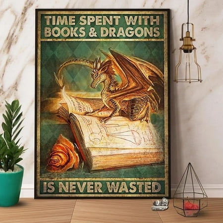 Kna Prints - Dragon Reading Book Time Spent With Books And Dragons Is Never Wasted Paper P Wall Art Print For Home Decor Living Room Bedroom Office UNFRAMED-8x12