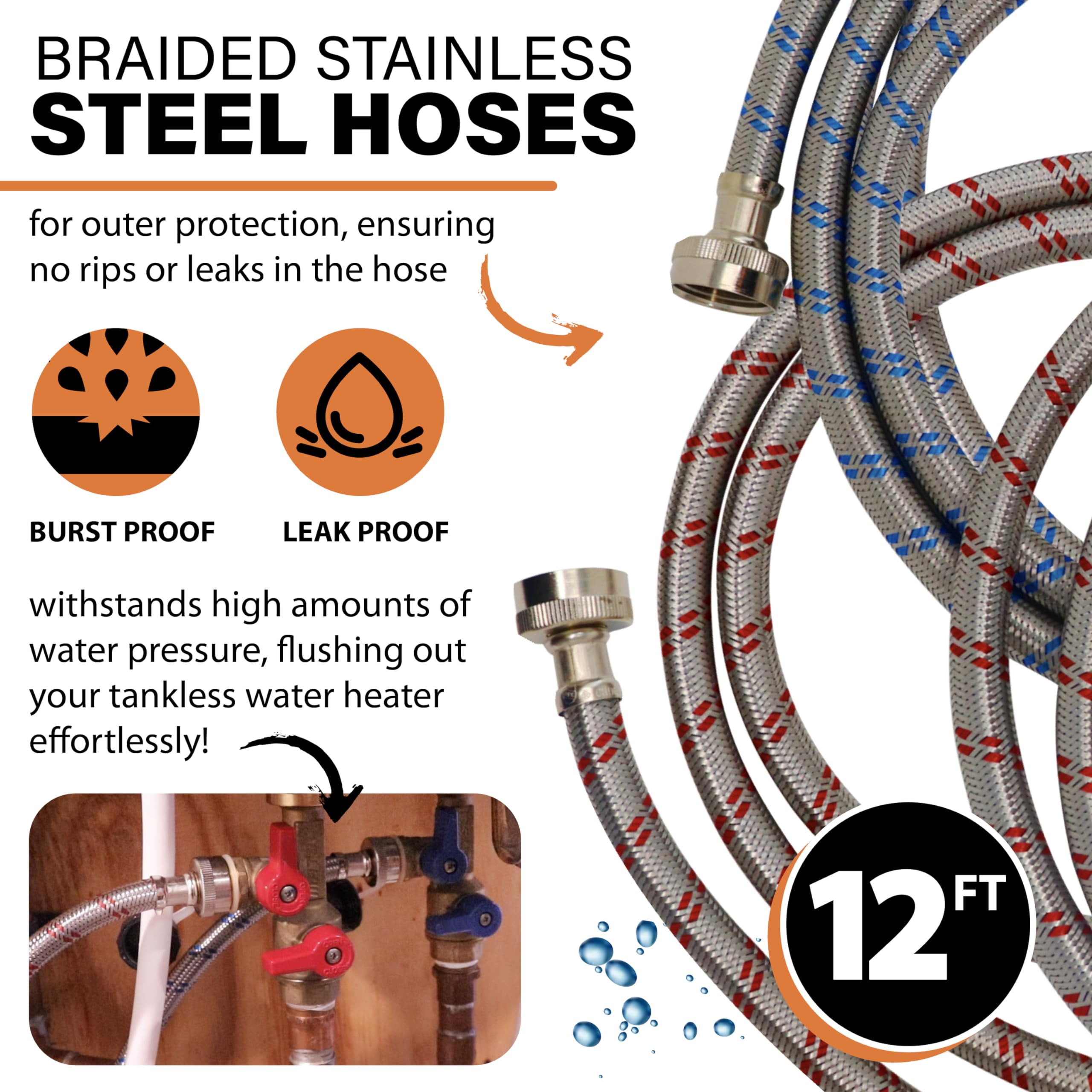 Chromex Tankless Water Heater Flush Kit, Extra Long 12 Ft Hoses with Certified Liquid Descaling Solution
