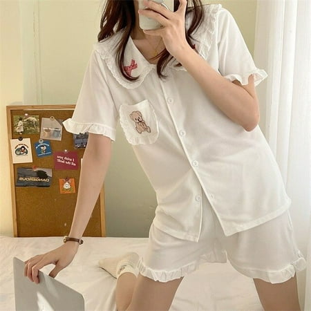 

CoCopeaunt Pajama Sets Turn-down Collar Short Sleeve Women Summer Strawberry Printed Cartoon Thin Kawaii Trendy Womens 2pcs Pyjamas Elegant