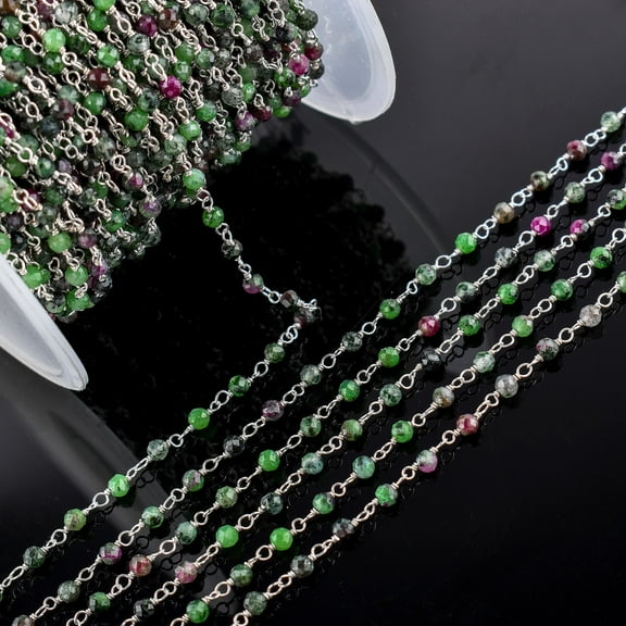 QNAVIC Natural Ruby Zoisite Gemstone Handmade Beaded Stone Rosary Chains with 3mm Beads Jewelry Making DIY Accessories 925 Sterling Silver Rosary Chain Hand Craft (1 Feet)