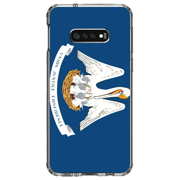DistinctInk Clear Shockproof Hybrid Case for Samsung Galaxy S10e (5.8" Screen) - TPU Bumper, Acrylic Back, Tempered Glass Screen Protector - Louisiana State Flag - US State Flag