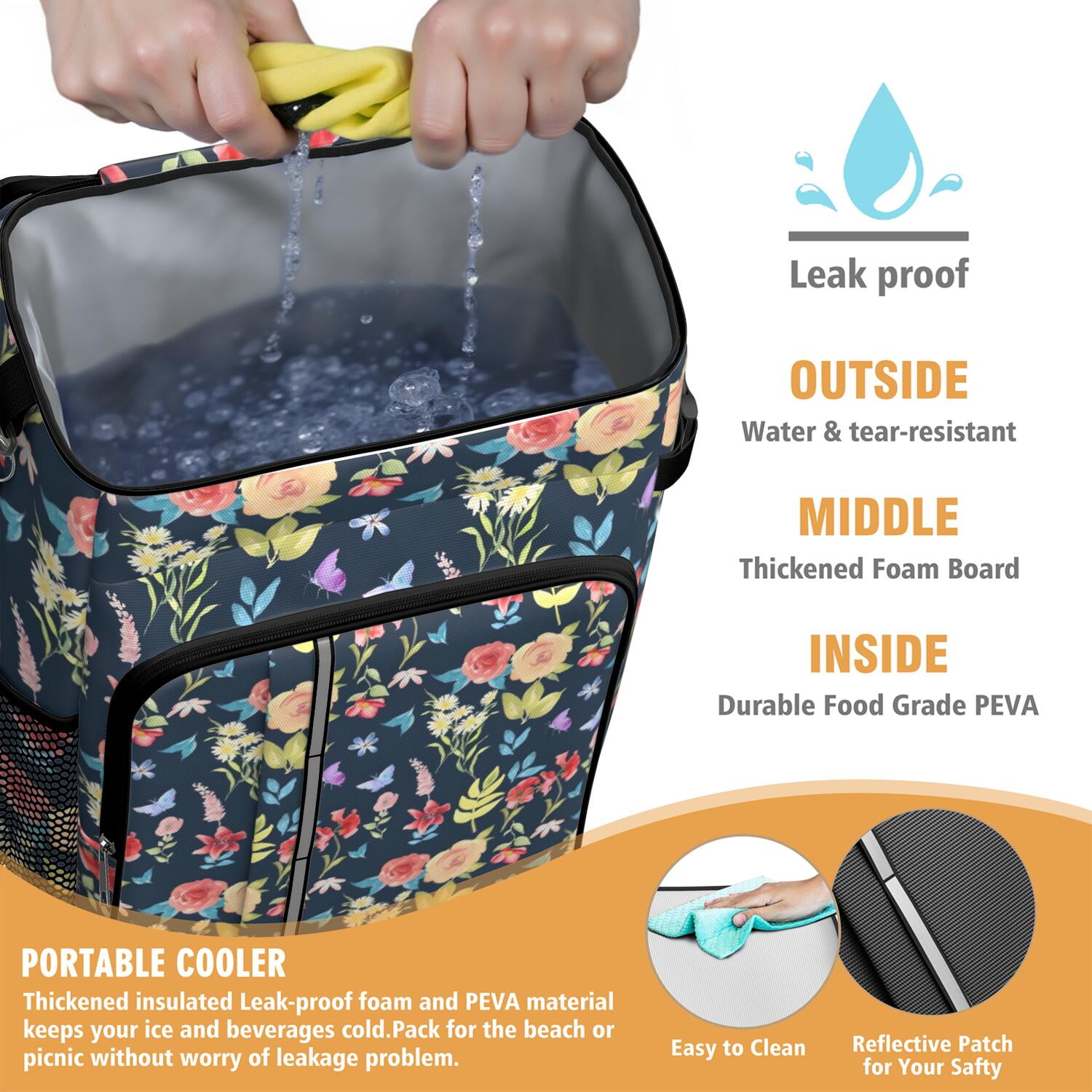Travel Cooler Bag - Pioneer Flower Floral Print Pattern Camping Beer Cooler Backpack with Bottle Opener- Waterproof Insulated Picnic Backpacks - Cooler Bag for Beach