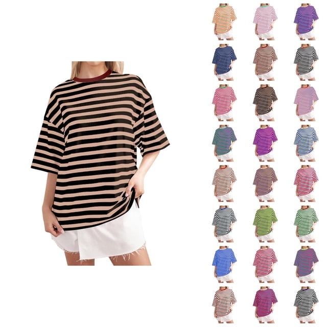 T-shirt Rayé pour Femmes 2026 Été Tendance Manches Courtes Col Rond Confortable Léger
