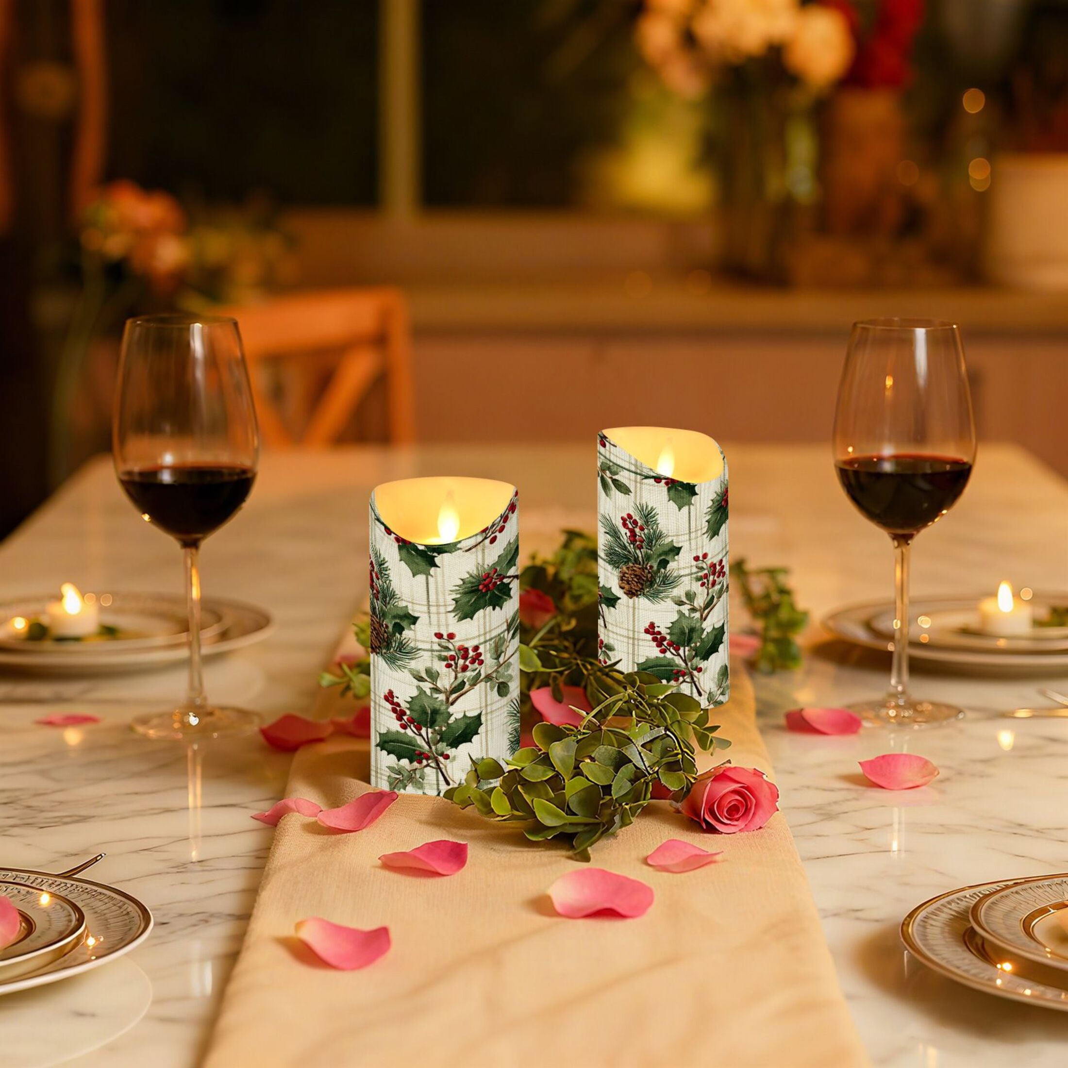 2 PCS Tilted Flameless Candles Flickering LED Lights Battery Operated Candles with Remote Timers for Holiday Decor Pine Boughs and Holly Pattern