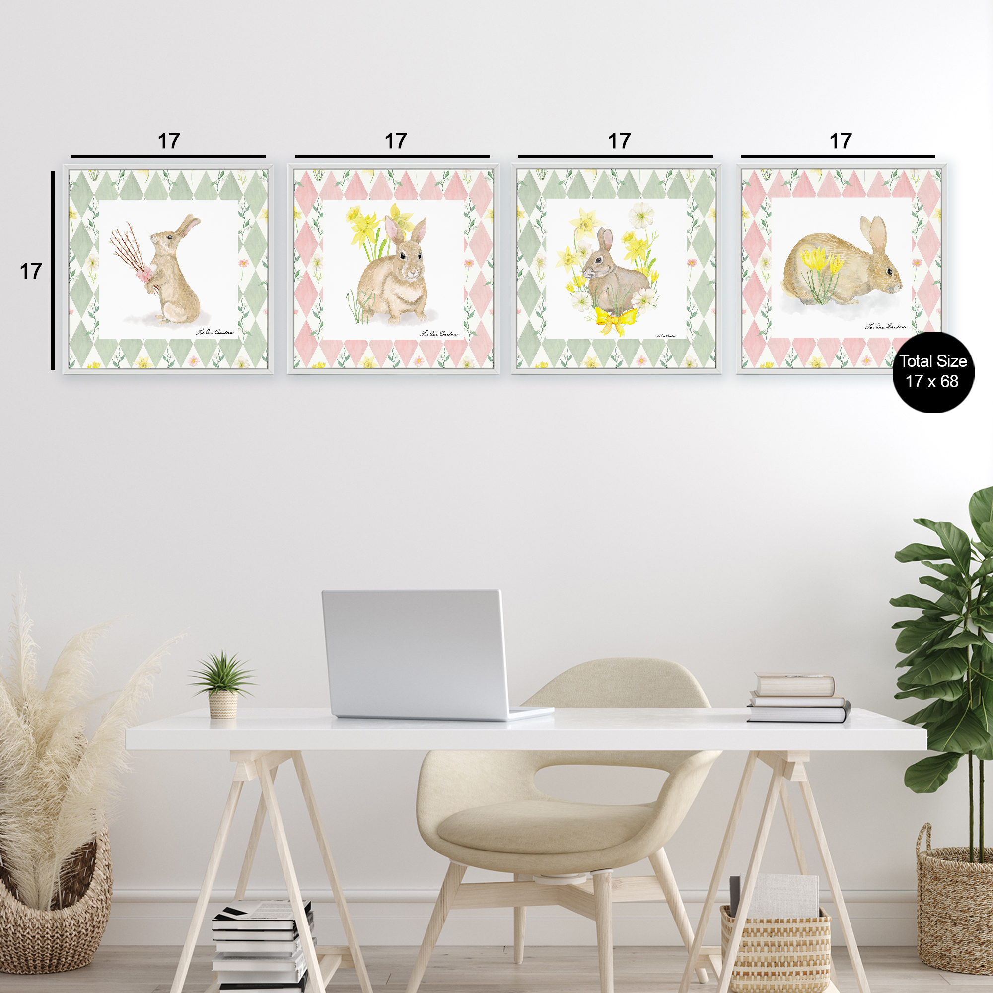 Spring Bunnies on Argyle 4 Piece White Framed Giclee Art Set, design by Lee Ann Sanders