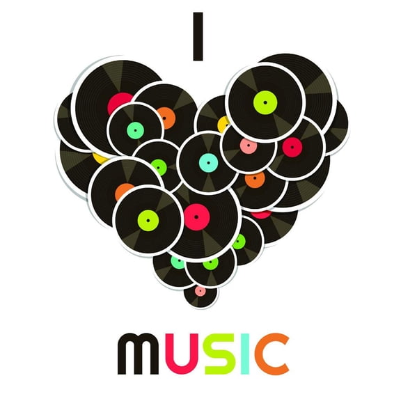 Design With Vinyl I Love Music Artwork Celebrity CD Artist Records Musical Art Musicians Wall Decal for Children - Songs Singing Stars Are Born Themed Décor - Size: 38 In x 38 In