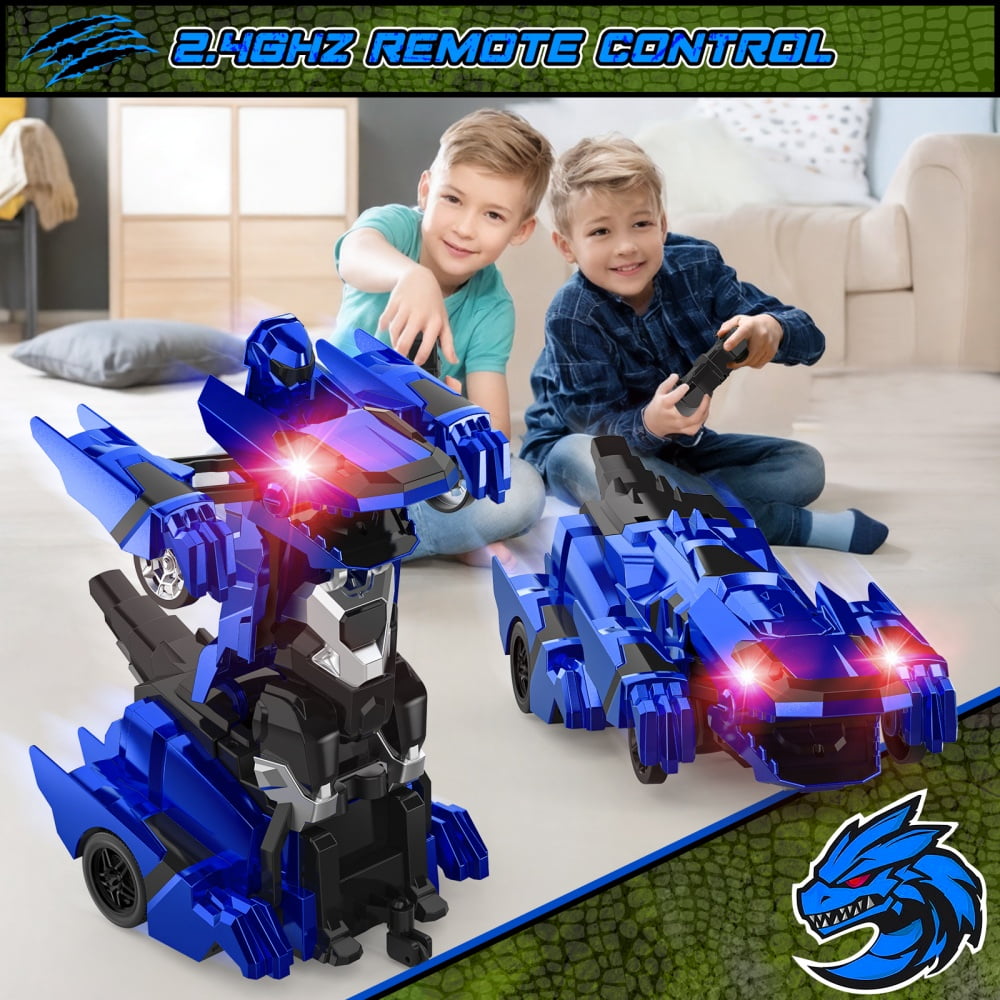 Allaugh 2.4Ghz Remote Control Car Robot Dinosaur Transform RC Cars with 360 °Rotation One Button Deformation Car Toy Gifts for Boys Age 4-7 8-12