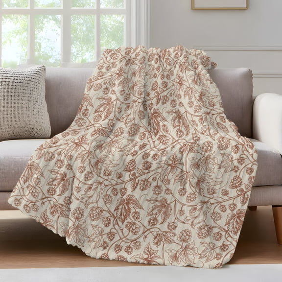 Brown Flowers Fleece Throw Blanket for Couch, Vintage Farmhouse Floral Leaves Vines Microfiber Flannel Blanket for All Season, Lightweight Soft Throw Blankets for Women, Girls, Adults, 50"x80"