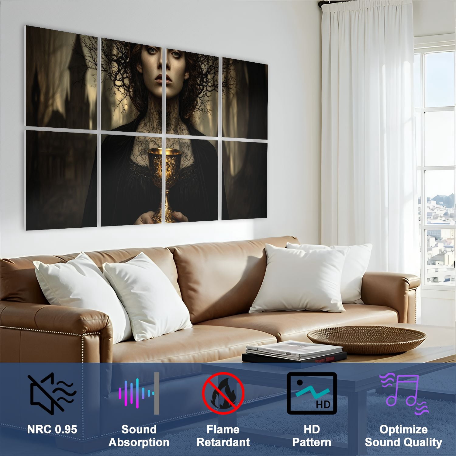Gothic 8 Pack Art Acoustic Panels Sound Absorbing Gothic Dark Woman Ornate Golden Chalice Forest Castle Decorative Soundproof Wall Panels Self Adhesive for Nursery Game Room Bedroom 48"x32"