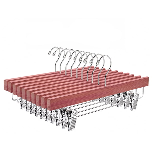 Amber Home Perchas para pantalones de madera de cedro rojo americano, paquete de 12, perchas para faldas y pantalones de madera de cedro natural con 2 clips ajustables, perchas inferiores para pantalo