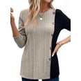 thumbnail image 2 of Women'S Color Block Button Asymmetric Long Sleeve Shirt, Light Button Trim, Side Slit Waist Top Khaki L, 2 of 8