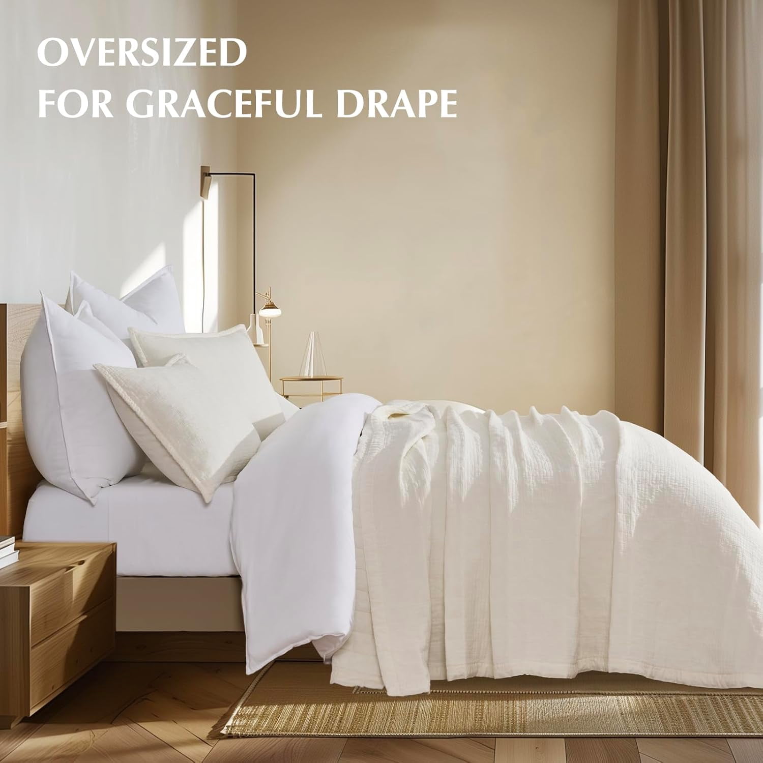 EVERGRACE Stonewashed Cotton Quilt Set King Size, Ultra Soft Oversized Bedspread Coverlet Set, Lightweight Crinkle Box Stitch Bedding Sets for All Season, with 2 Shams, Ivory White