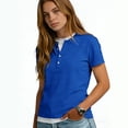 thumbnail image 4 of VJGBEGW Women's Fashion Fake Two-Piece Henley Neck Short Sleeve T-Shirt Casual Loose Fit Basic Tee Top Breathable Cotton Blend Shirt Blue XL, 4 of 6