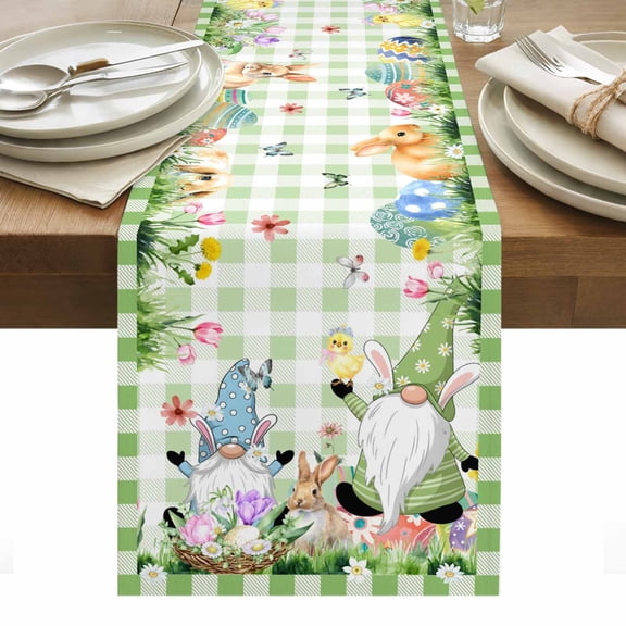 Easter Table Runner - 48 Inch Long, Kitchen Dining Table Runner Dresser Scarves, Spring Gnomes Flowers Rabbit Butterfly Green Plaid Farmhouse Decor for Coffee Tables Wedding Party Banquet