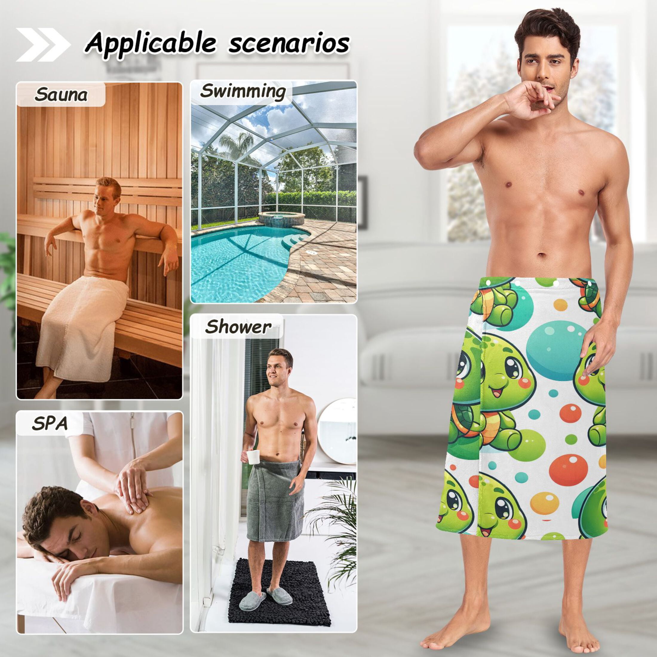 Mens Shower Wrap Adjustable Bath Wrap Towel Body Towels for Gym Shower Sauna Spa Baby Turtle and Ball 60x28