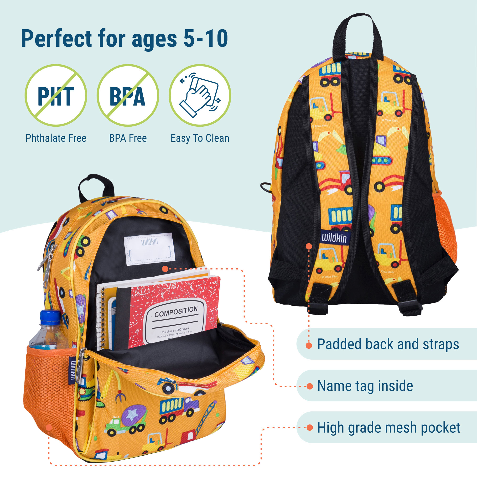 Mochila escolar y de viaje de 15 pulgadas para niños y niñas (amarillo construcción) 3