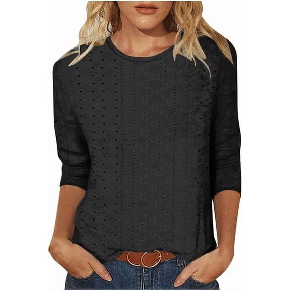 Womens 3/4 Length Eyelet Tops Summer Casual Solid Color Trendy Blouses Loose Fit Work Beach Vacation Shirt