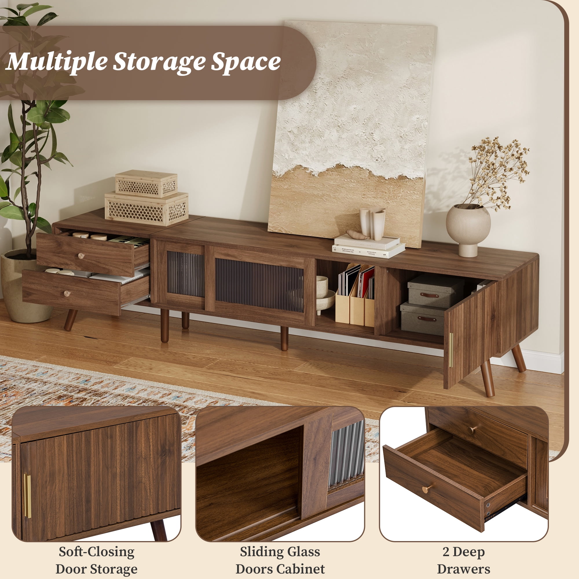 TV Stand for TVs up to 85 Inch, Entertainment Center with Waveform Glass Doors & 2 Drawers, Media Console with Solid Wood Legs for Living Room