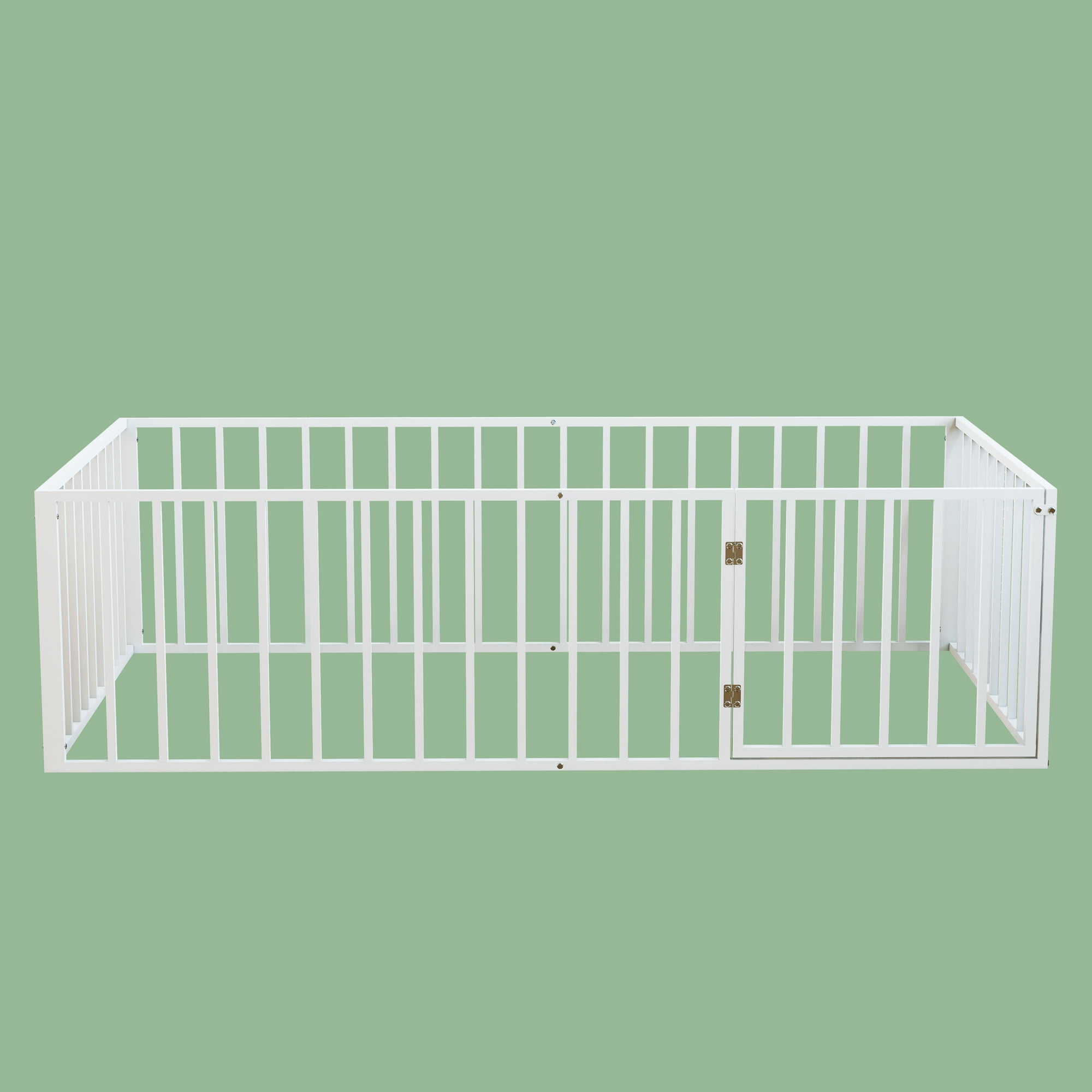 Leumius Twin Size Montessori Floor Bed with Fence & Door, Heavy-Duty Metal Frame with Low-Profile Guardrails, Safe Play-Sleep Zone White