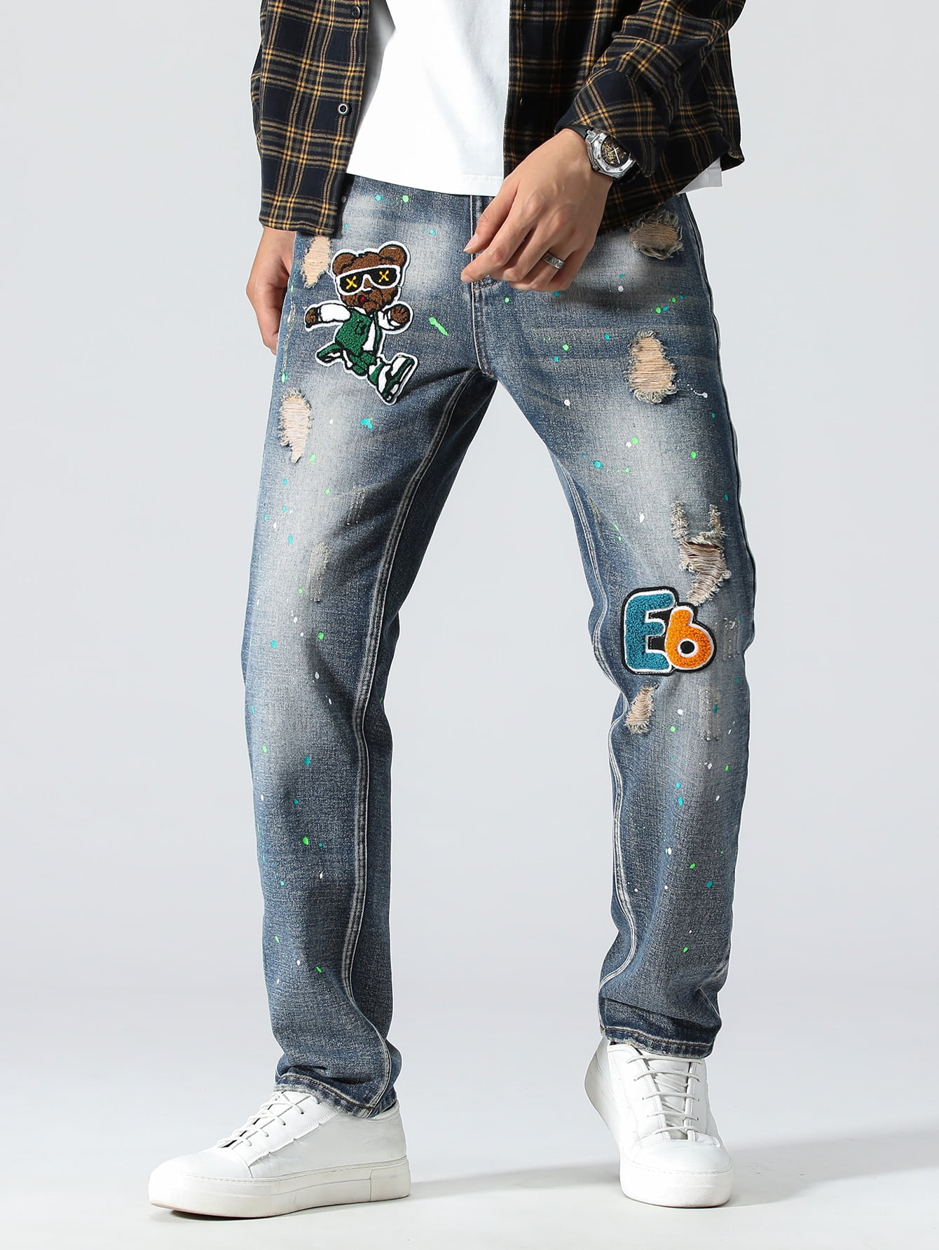 guys letter & cartoon patched ripped jeans