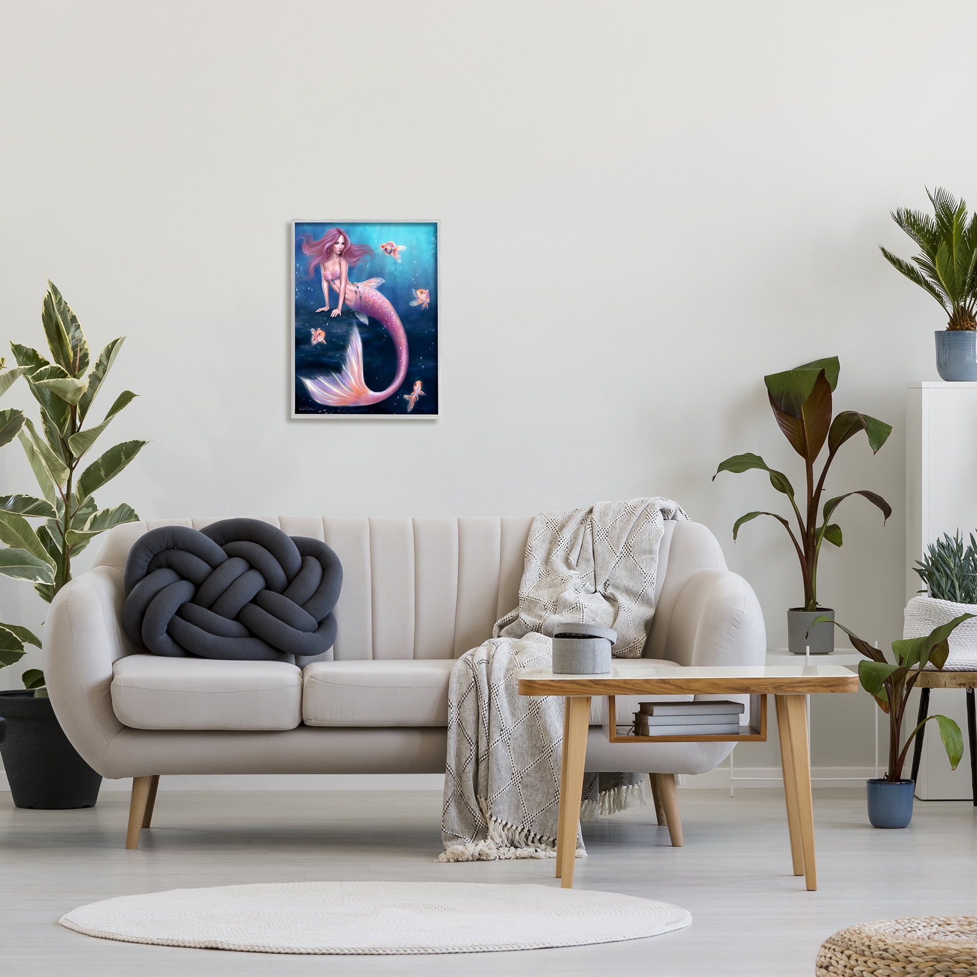 Stupell Industries Aurelia Mermaid in Sea Fairy Tales & Fantasy Painting Gray Framed Art Print Wall Art, 16 x 20
