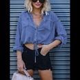 thumbnail image 4 of Camisa Vaquera Corta para Mujer, con Mangas 3/4 Enrolladas, Informal, Holgada, con Cordón Ajustable en el Dobladillo y Botones Delanteros. Azul Oscuro L, 4 of 6