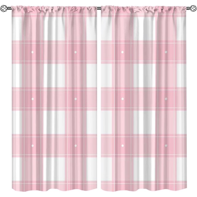 Pink and White Check Rod Pocket Window Treatment Set 2 Panels, Buffalo Gingham Plaid Polka Dots Living Room Long Drapes, Fast Drying Machine Washable Window Shades for Kitchen Bedroom-W84xL84in