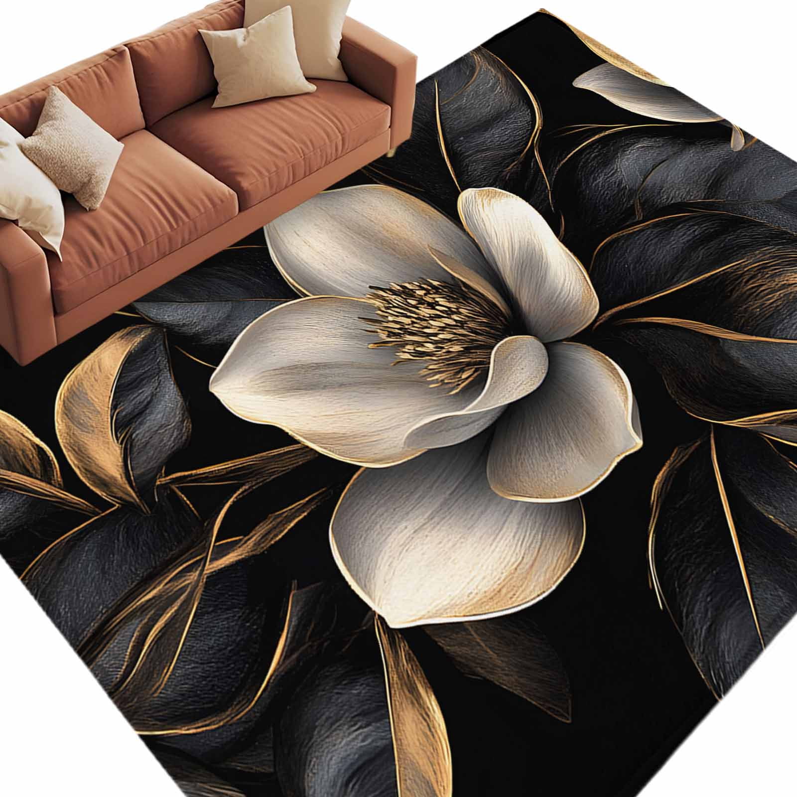 5'x8' Area Rugs, Black Gold Flower Indoor Outdoor Area Rug for Living Room Bedroom, Gradient Luxurious Floral Botanical Washable Bathroom Rugs Kitchen Floor Carpet Mats Home Decor Aesthetic