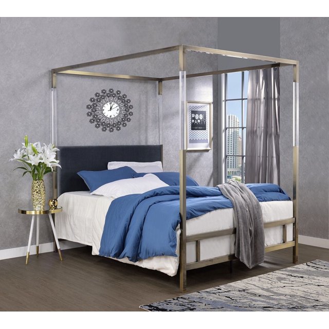 ACME Raegan Queen Bed in Gray Velvet & Antique Brass