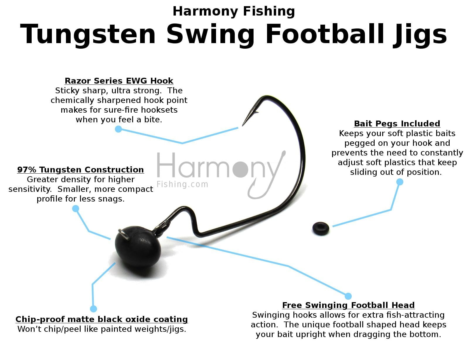 Harmony Fishing - Tungsten Swing Football Jigs [Pack of 3 w/ 10 Bait Pegs] Swinging Football/Rugby jigs with Hooks for bass Fishing 3/4 oz, 5/0 Hook 3 Pack
