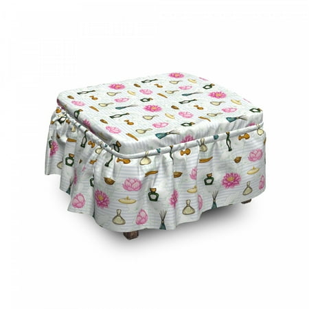 Floral Ottoman Cover  Colorful Perfume Bottles  2 Piece Slipcover Set with Ruffle Skirt for Square Round Cube Footstool Decorative Home Accent  Standard Size  White and Multicolor  by Ambesonne