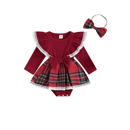 

Suanret Baby Girls Rompers Dress Christmas Clothes Plaid Patchwork Lace Trim Long Sleeve Skirt Hem Jumpsuit Red 12-18 Months