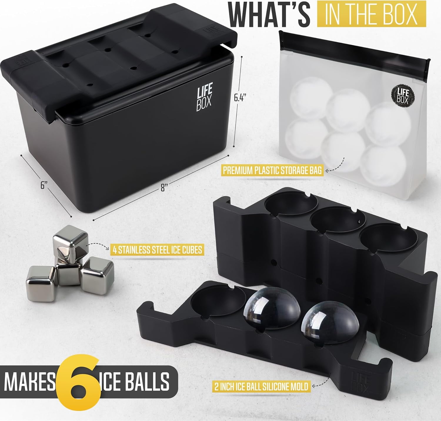 LifeBox 6 Ice Ball Maker Mold - Sphere Mold Makes Crystal Clear Balls - Whiskey Cubes Mold Includes Storage Bag & 7 Whiskey Stones - Round Cube Mold