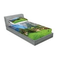 thumbnail image 2 of Ambesonne Landscape Fitted Sheet & Pillow Sham Set, Waterfall Sunlight, Twin, Green Grey, 2 of 2