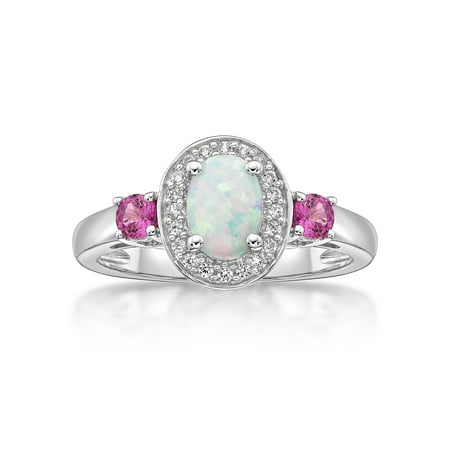 Sterling Silver Oval Lab Created Opal, Pink Sapphire and White Sapphire