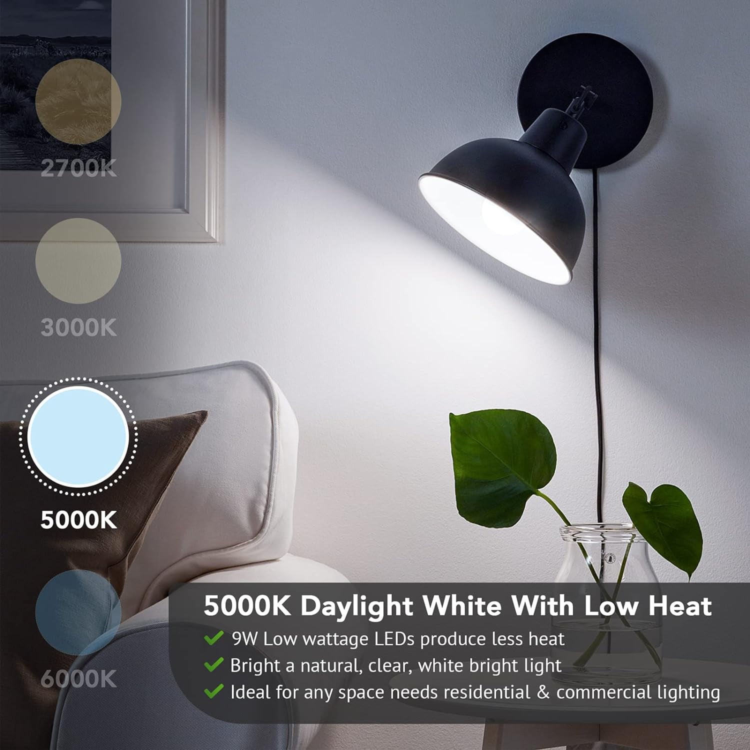 A19 LED Light Bulb, 60 Watt Equivalent LED Bulb, Daylight White 5000K, 850 Lumen, E26 Base, Non-Dimmable, 9W Bright White LED Bulb, 12-Pack