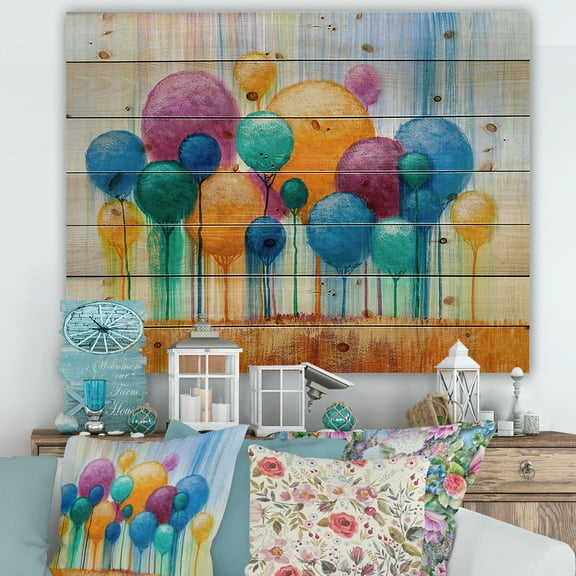 Designart 'Ornamental Colourful Trees IV' Modern Print on Natural Pine Wood