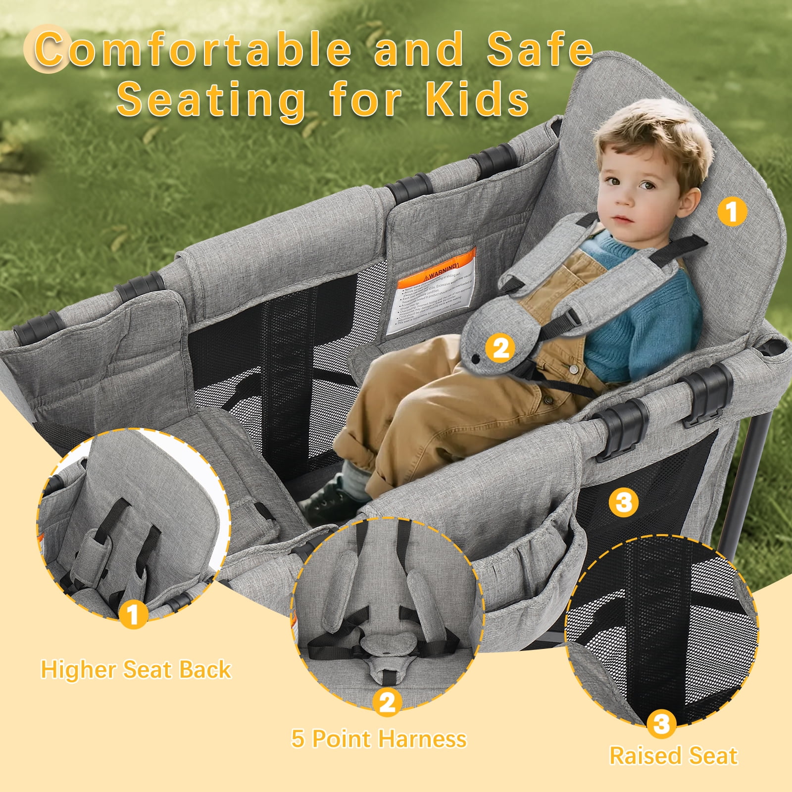 Foldable Stroller Wagon for 2 Kids, Adjustable & Removable Canopy, Oversized Storage Basket, Convertible High Seat & Organizer, Wagon Cart with Double Adjustable Push Bars, for Beach, Camping