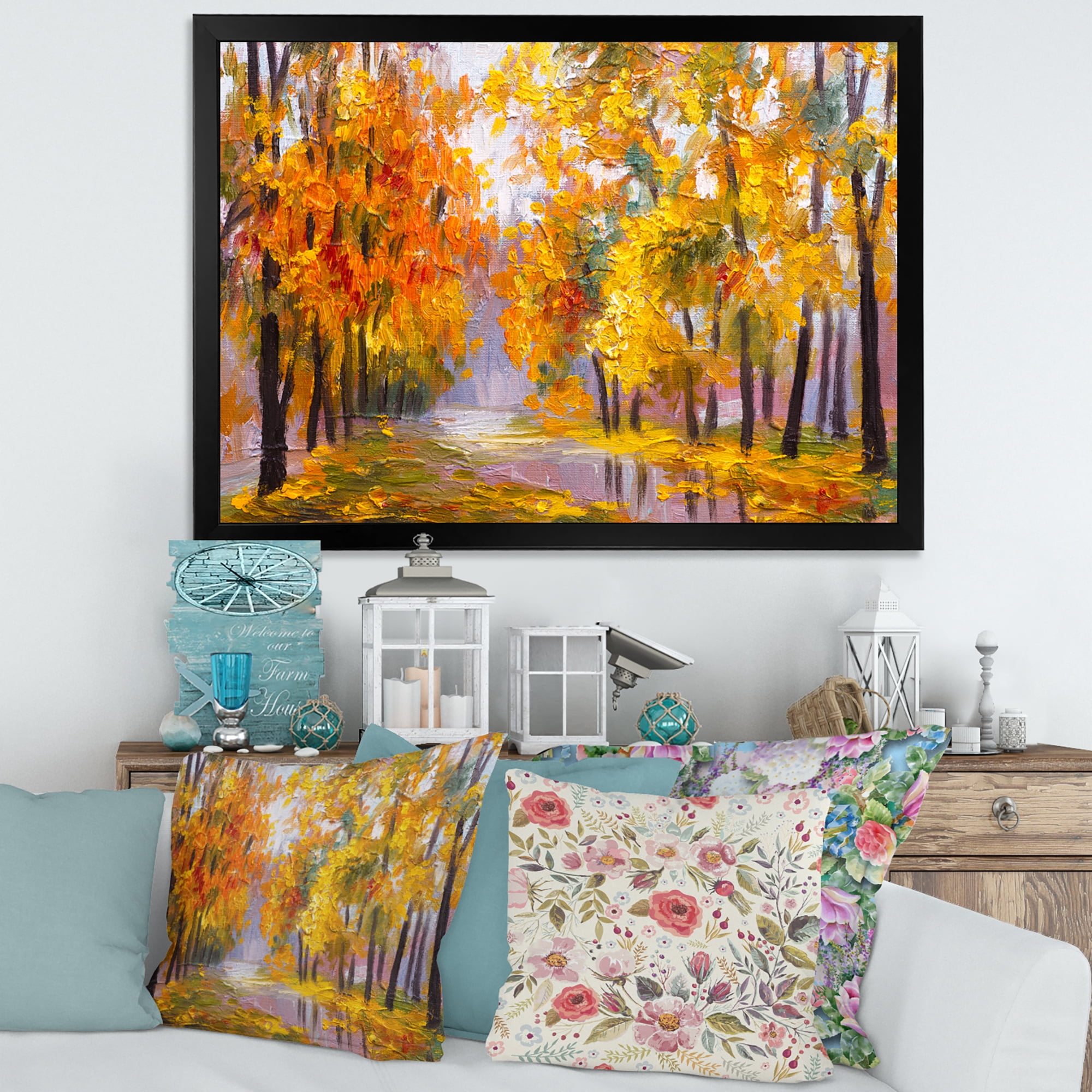 Designart 'Forest Full Of Fallen Leaves In Autumn Along River' Lake House Framed Art Print