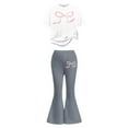 thumbnail image 3 of ZXLBBD Girls Stylish Casual Outfit with Bow Print and Flared Leg Pants 2 Piece Toddler Comfy Loose Fit Daily Wear Clothing Sets,Grey,Size 5 Y-6 Y, 3 of 5