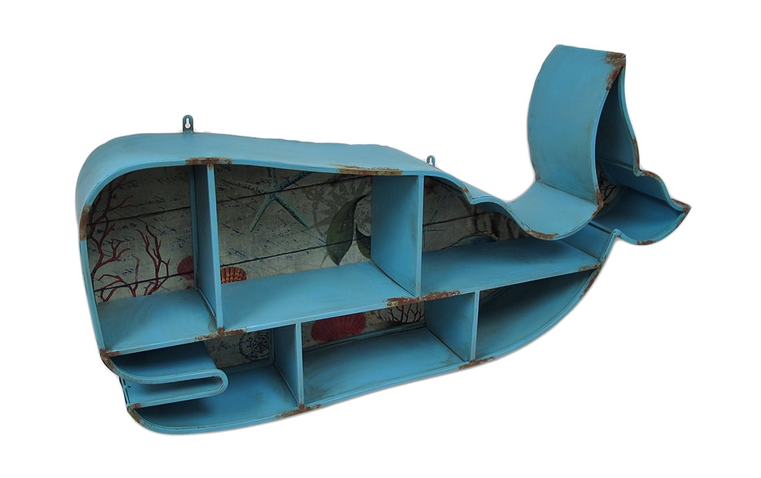 Blue Whale Shaped Distressed Metal Cubby Wall Shelf