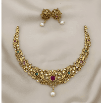 South Indian Bollywood Gold-Plated Kemp Short Necklace Set – Ruby, Green & White CZ Stones with Matching Earrings Traditional Bridal Jewelry
