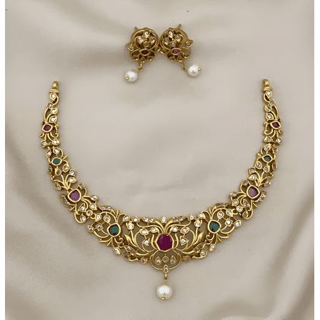 South Indian Bollywood Gold-Plated Kemp Short Necklace Set – Ruby, Green & White CZ Stones with Matching Earrings Traditional Bridal Jewelry