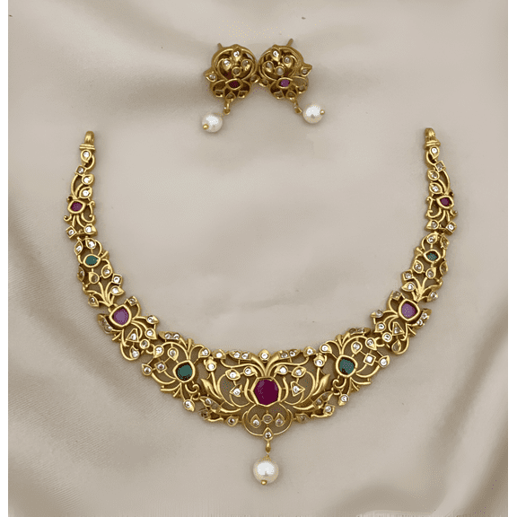 South Indian Bollywood Gold-Plated Kemp Short Necklace Set – Ruby, Green & White CZ Stones with Matching Earrings Traditional Bridal Jewelry