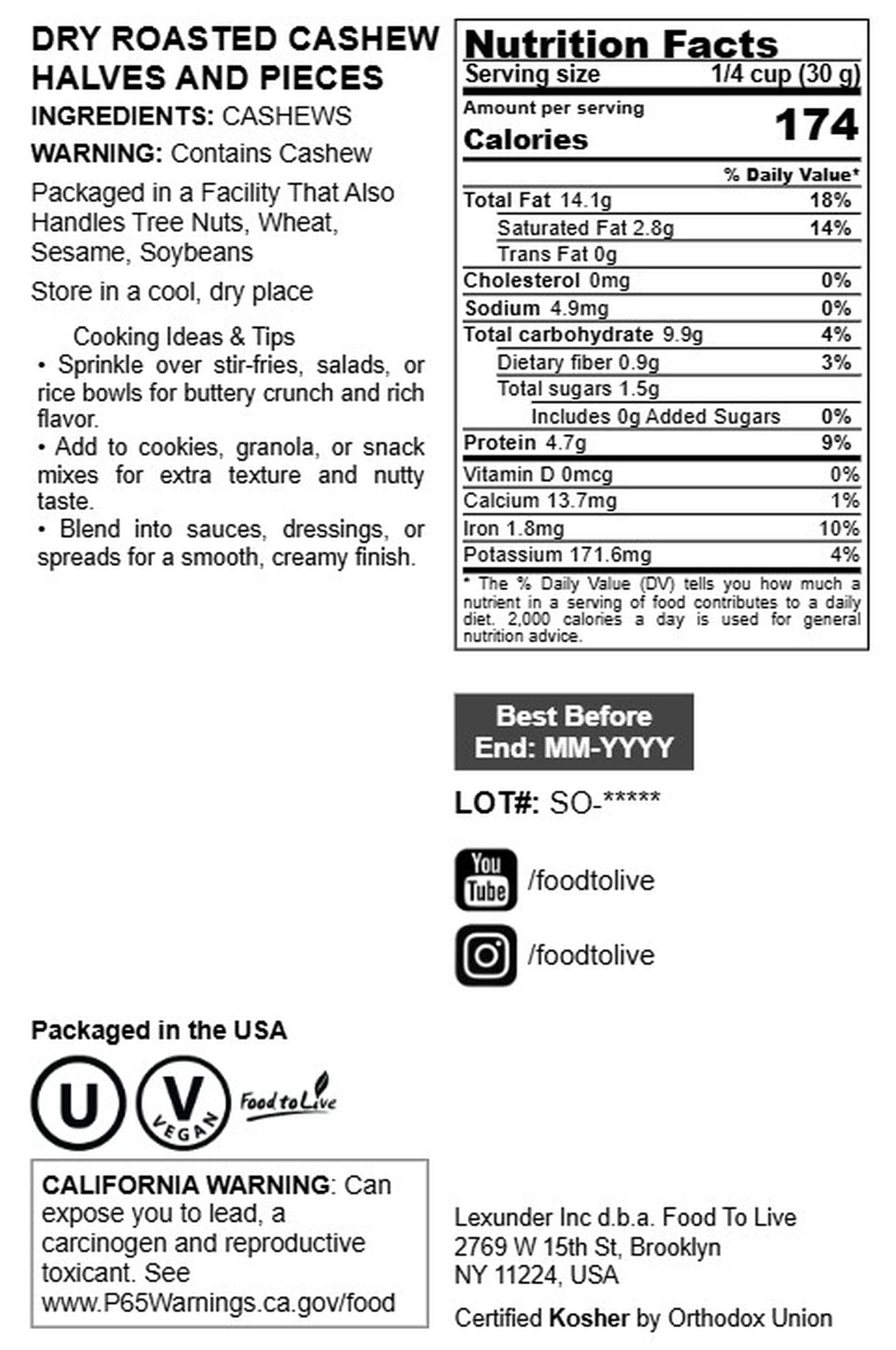 Food to Live Dry Roasted Cashew Halves and Pieces, 3 Pounds – Unsalted,Oven Roasted,Kosher