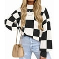 thumbnail image 2 of Women'S Fall Fashion Roll-Neck Long Sleeve Plaid Ribbed Knit Loose Pullover Sweater Tops Black Checkered L, 2 of 9