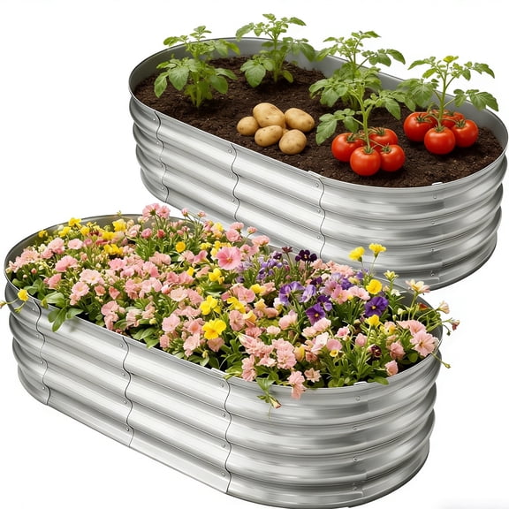 HGD Raised Garden Bed Kit Oval Galvanized Metal Outdoor Planter 2-Pack 4x2x1ft