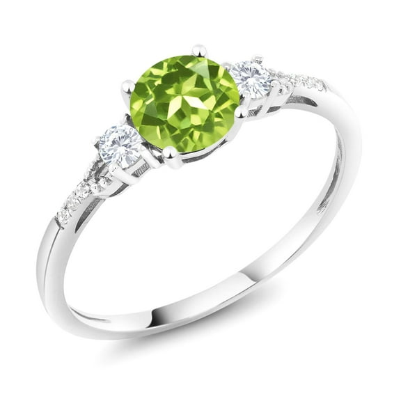 Gem Stone King 10K White Gold Green Peridot White Created Sapphire and White Diamond Accent 3-Stone Engagement Ring for Women (1.00 Cttw, Round 6MM, Gemstone August Birthstone, Size 7)