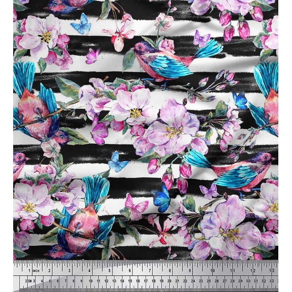 Soimoi Green Cotton Duck Fabric Stripe,Bird & Pink Floral Printed Craft Fabric by The Yard 42 Inch Wide