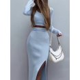 thumbnail image 5 of Women'S Solid Color Knitted Round Neck Long Sleeve Top Slit Long Skirt Two-Piece Set Blue L, 5 of 7